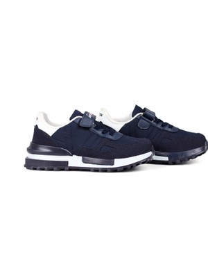 Kajila Lacivert Beyaz Cırt Cırtlı Bağcıklı Unisex Çocuk Spor Ayakkabı - Kaymaz Taban Günlük Sneaker