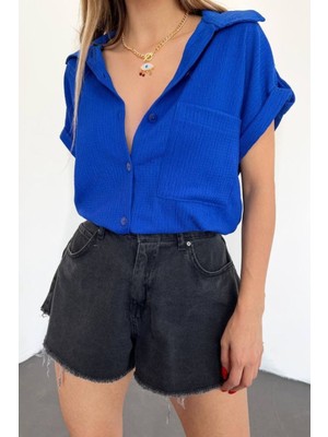 Hiccup Kadın JANES Dokulu Düğmeli Gömlek Fas Mavisi