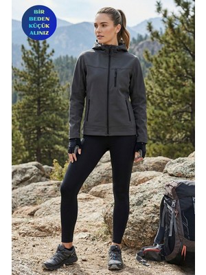 Genius Store Kadın Mont Içi Polarlı Softshell Mont Su ve Rüzgar Geçirmez Kapüşonlu Spor Mont
