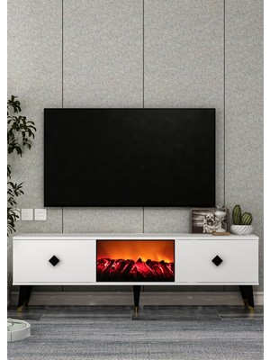 Demonte Decor TV0053-TXA150DD-1 Şömineli Tv Sehpası Beyaz-Siyah Kulp