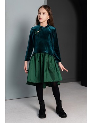 SheShe Yeşil Kadife Tafta Kombo Elbise