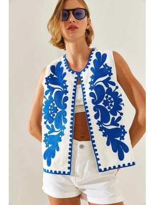 Septemmart Saks Mavisi Etnik Nakışlı %100 Pamuk Beyaz Bohem Yelek