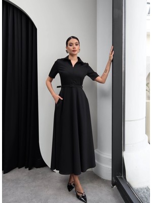 Esra Helvacı Yarı Fermuarlı Gömlek Yaka Kemerli Kloş Elbise