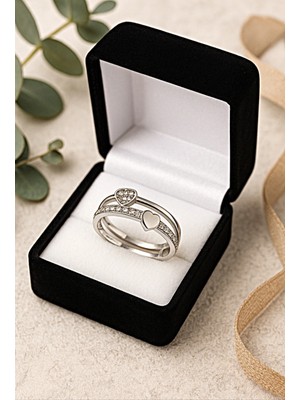 925 Ayar  Rodyum  Kaplama  Zirkon  Taşlı Çift  Kalpli Gümüş  Yüzük