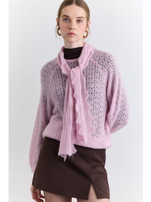 Manuka Bağlama Yakalı Ajurlu Kazak Pembe