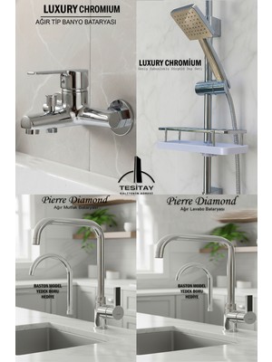 Tesitay 4 Lü Lüks Batarya Duş Takımı Geniş Şampuanlıklı Sürgülü Duş Banyo Lavabo Mutfak Muslukları Krom Renk