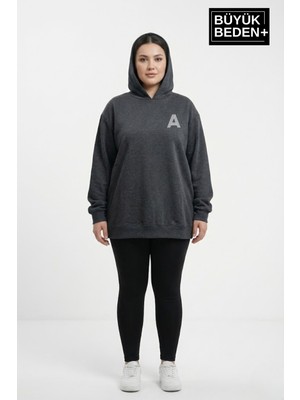 Superlife Kadın Büyük Beden Kapşonlu A Baskılı Ince Swatshırt SPR26BSWK957-12