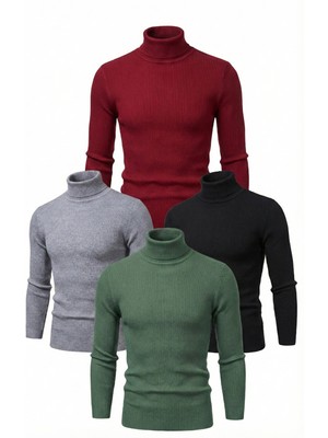 4'lü Siyah, Bordo, Gri, Haki Unisex Kaşkorse Boğazlı Full Likralı Fitilli Body Kazak