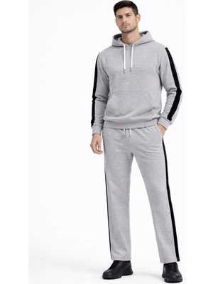 Erkek Şeritli Eşofman Takım Kapüşonlu Sweatshirt Boru Paça Alt, Oversize 3 Iplik Pamuklu - Gri