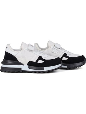 Kajila Beyaz Siyah Cırt Cırtlı Bağcıklı Unisex Çocuk Spor Ayakkabı - Kaymaz Taban Günlük Sneaker