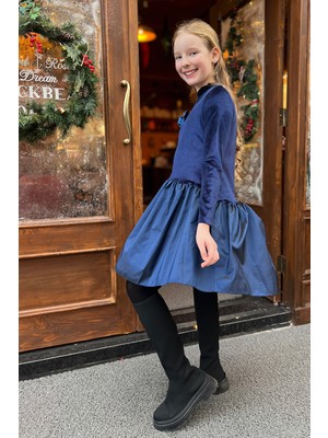 SheShe Lacivert Kadife Tafta Elbise