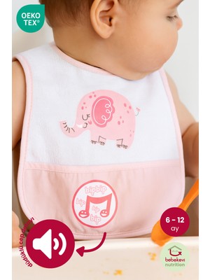 Bebekevi Düdüklü Cepli Sıvama Mama Önlüğü - Mutlu Fil Pembe Çocuk Önlüğü