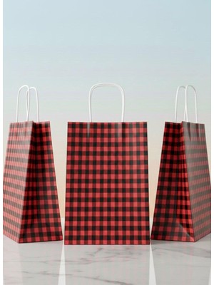 e ERTA Kırmızı/siyah Ekose Kraft Çanta 25X31 cm -25 Adet- Hediye Poşeti , Hediye Paketi Kraft Kağıt Çanta