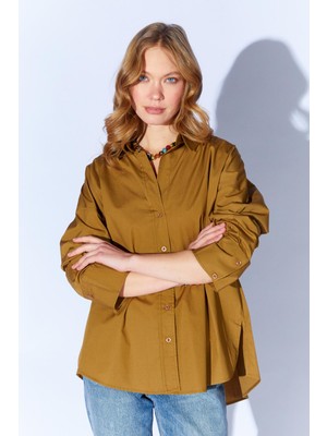 Tena Kadın Haki Önü Kısa Arkası Uzun Oversize Poplin Gömlek