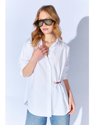 Tena Kadın Beyaz Önü Kısa Arkası Uzun Oversize Poplin Gömlek