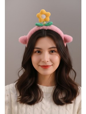 Pembe Peluş Dönen Çiçekli Taç - Hareketli Saç Aksesuarı - Sevimli Peluş Başlık