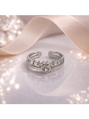 925  Rodyum  Kaplama Zirkon  Taşlı Kalpli  Tek  ve  Sıra  Taşlı  Gümüş  Yüzük
