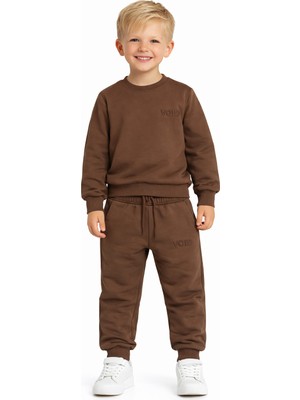 Zepkids Bisiklet Yaka Yazı Baskılı Kahve Rengi Erkek Çocuk Eşofman Takımı