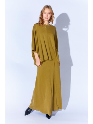 Tena Kadın Yağ Yeşili 172 Düşük Kol Bluzlu Uzun Pike Modal Etekli Takım