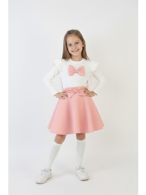 Modanino Kız Çocuk 2'li Elbise Taş Süslemeli Etek+Omuz Detaylı ve Fiyonklu Bluz 4-9 Yaş 12503