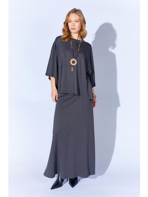 Tena Kadın Antrasit 172 Düşük Kol Bluzlu Uzun Pike Modal Etekli Takım