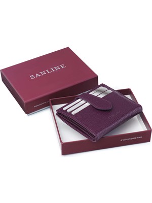 SANLINE Deri Mürdüm Kartlık Görünümlü Yatay Unisex Cüzdan - Küçük Boy Özellikli