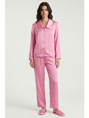 Feu De Elu Amoris Şeker Pembesi Uzun Saten Pijama Takımı