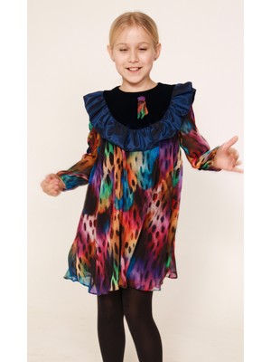 SheShe Lacivert Fırfır Şifon Elbise