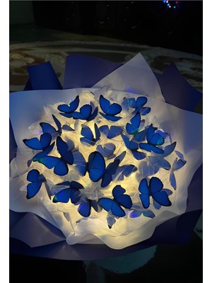 PremiumPort LED Işıklı Kelebek Buketi, Büyük Boy, Mavi, Anneler Günü ve Sevgili Hediye