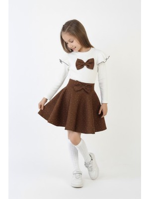 Modanino Kız Çocuk 2'li Elbise Taş Süslemeli Etek+Omuz Detaylı ve Fiyonklu Bluz 4-9 Yaş 12503