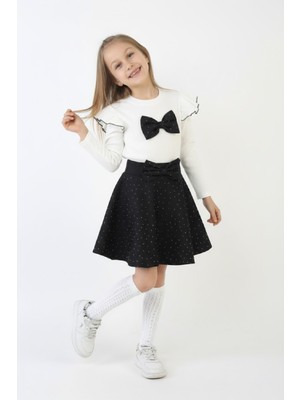 Modanino Kız Çocuk 2'li Elbise Taş Süslemeli Etek+Omuz Detaylı ve Fiyonklu Bluz 4-9 Yaş 12503