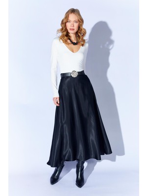 Tena Kadın Siyah 3499 Beli Kemerli Saten Uzun Etek