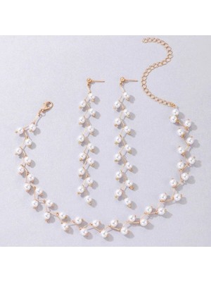 Shiklik 2'li Şık Incili Kadın Takı Seti Kolye Küpe