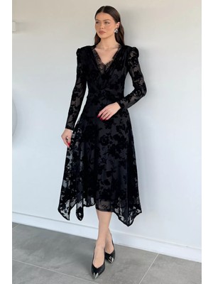 Gülseli Kadın Giyilebilir Astarlı Flok Baskılı Elbise P-00020328