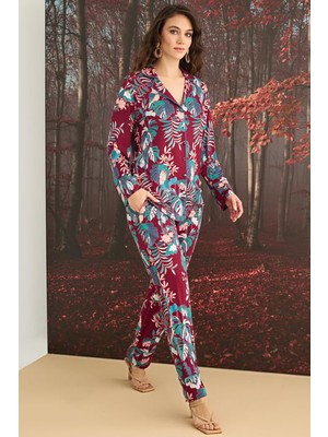 Evrenial Çiçek ve Yaprak Desenli Önü Düğmeli Pijama Takımı