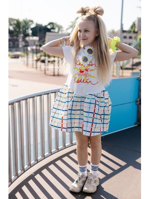 SheShe Beyaz Tshırt Gövdeli Pamuk Kloş Etekli Kız Çocuk Elbise