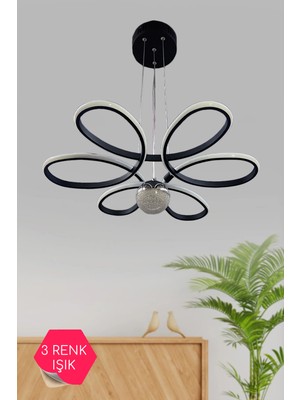 PremiumPort Siyah Papatya Modern Sarkıt 3 Renk Işıklı LED Avize