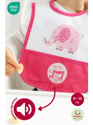 Bebekevi Düdüklü Cepli Sıvama Mama Önlüğü - Mutlu Fil Pembe Çocuk Önlüğü