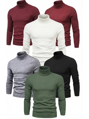 6'lı Siyah, Beyaz, Bordo, Gri, Haki Unisex Kaşkorse Boğazlı Full Likralı Fitilli Body Kazak