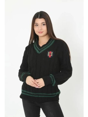 Hiccup Kadın Janes Fitilli Örgü V Yaka Kazak Siyah