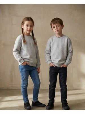Kyex Kids Unisex Çocuk Gri Melanj Bisiklet Yaka Basic Sweatshirt - %100 Pamuklu Yumuşak Dokuma