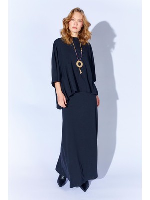 Tena Kadın Siyah 172 Düşük Kol Bluzlu Uzun Pike Modal Etekli Takım