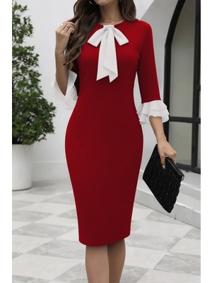 Hiccup Kadın Janes Fiyonk Detaylı Midi Vücuda Oturan Elbise Kırmızı