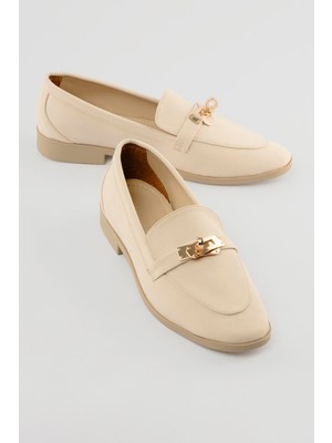Mubiano Kadın Nubuk Loafer Gold Tokalı Günlük Ayakkabı Elna Bej