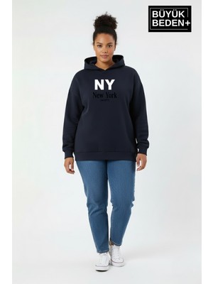 Superlife Kadın Büyük Beden Kapşonlu Ny Newyork Baskılı Ince Swatshırt SPR26BSWK957-15