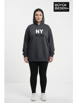 Superlife Kadın Büyük Beden Kapşonlu Ny Newyork Baskılı Ince Swatshırt SPR26BSWK957-15