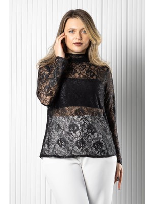 Modaviki Dantel Transparan Bluz Siyah MDV990