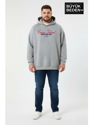 Superlife Erkek Büyük Beden Ince Kapşonlu Capri Island Baskılı Ince Swatshırt SPR26BSW957-14