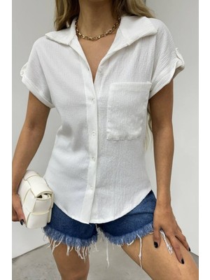 Hiccup Kadın Janes Dokulu Düğmeli Gömlek Beyaz