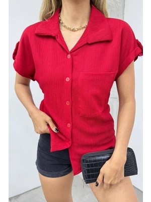 Hiccup Kadın Janes Dokulu Düğmeli Gömlek Bordo Kırmızı